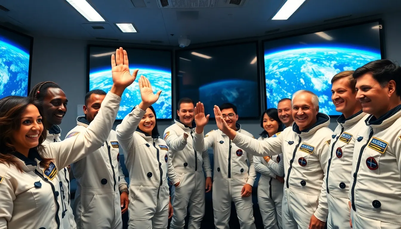 A scene depicting a historic moment in the Space Race, with a spacecraft preparing for launch against a backdrop of excitement and determination