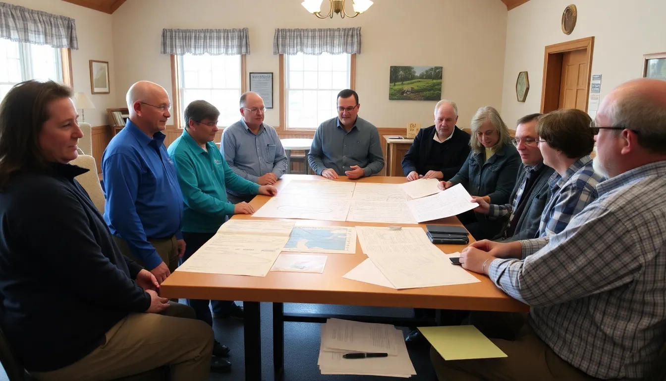A group of environmental scientists and local government officials discuss plans to convert a former dairy farm into a peat research centre during a community consultation meeting.