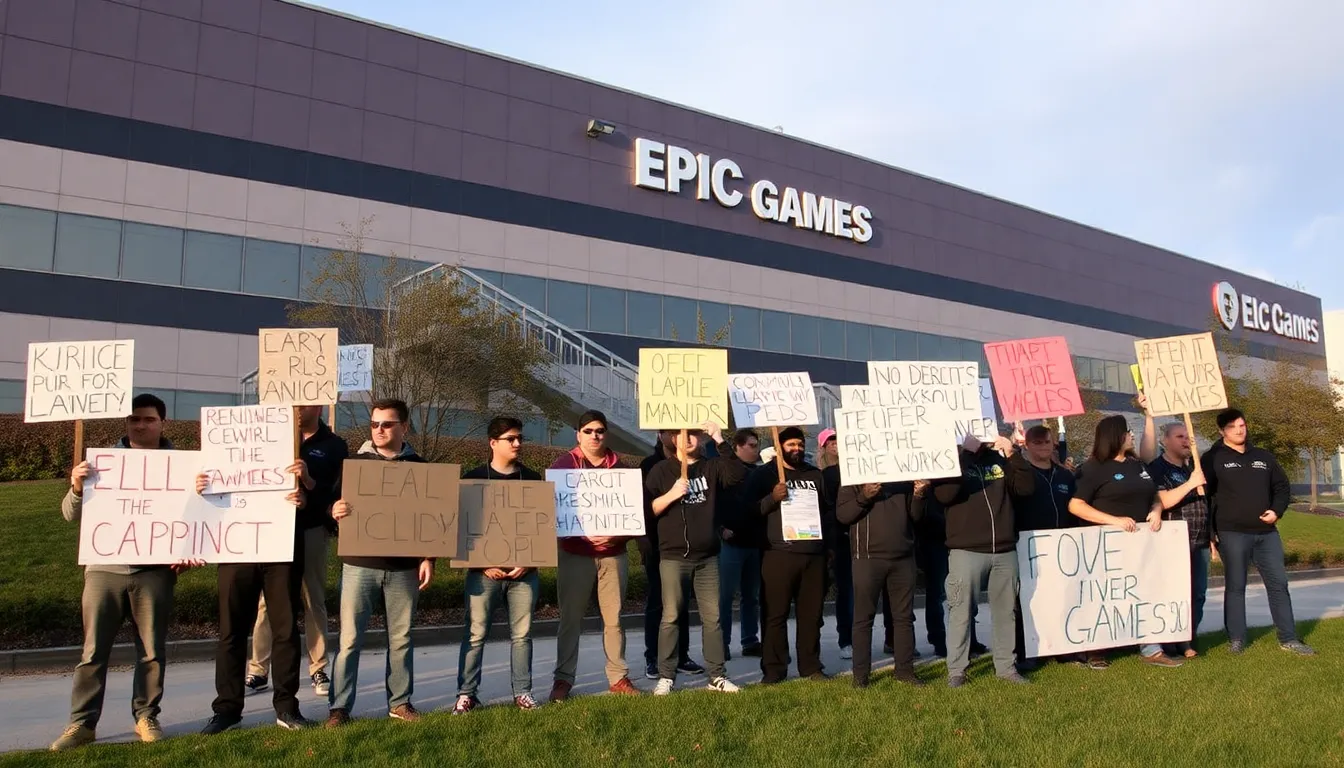 A group of Epic Games employees gather outside the company's headquarters, holding signs in protest of the recent layoffs that affected over 1,000 workers.