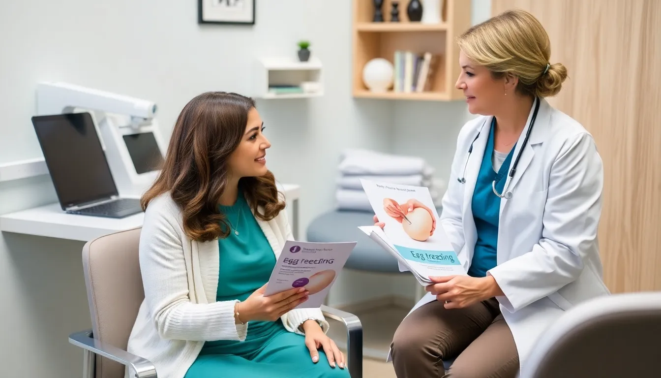 A woman sits in a fertility clinic, discussing her options with a doctor while holding a brochure about egg freezing.
