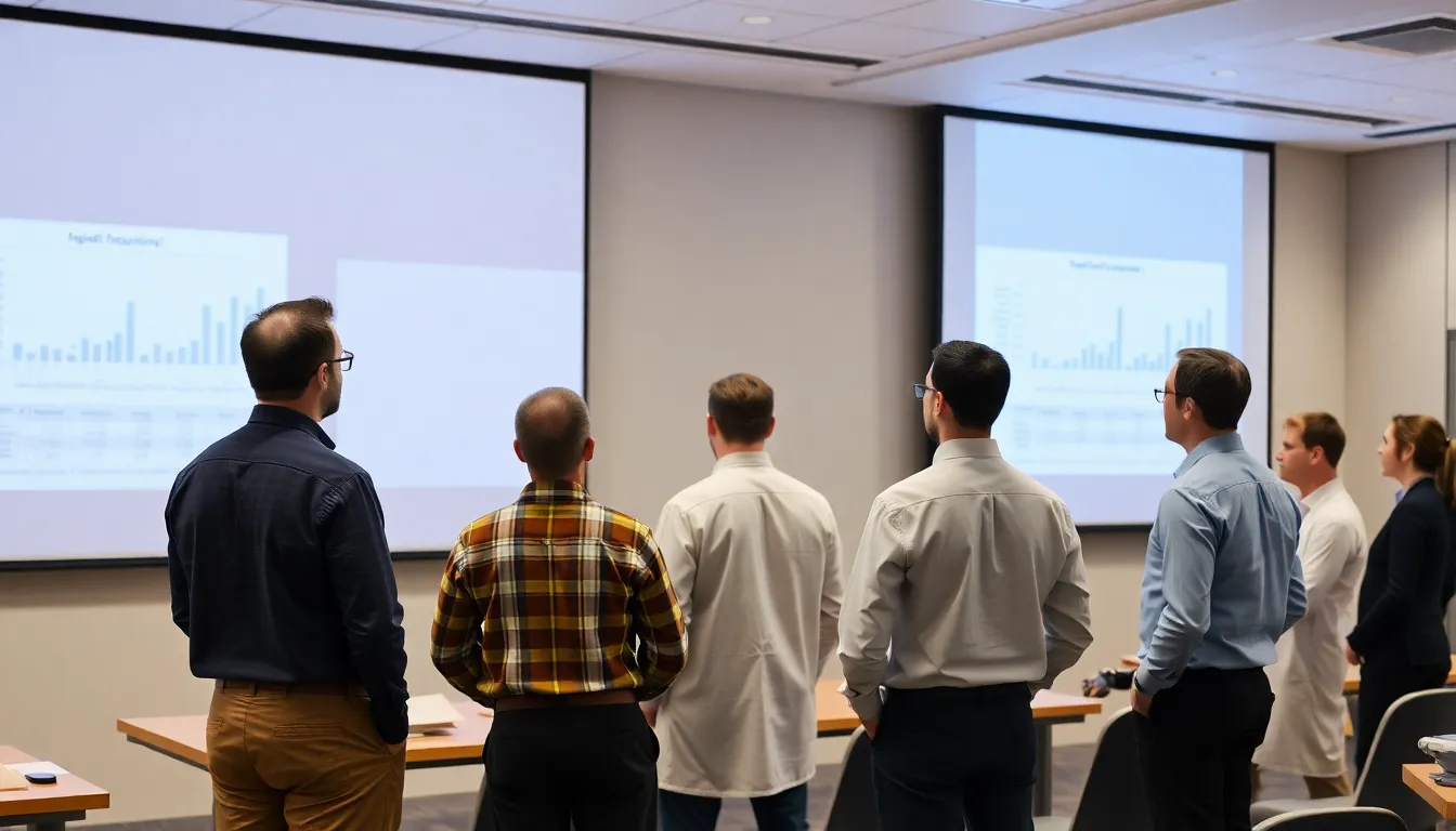 A group of researchers discusses findings on male fertility and ejaculation frequency at a conference, with charts and data displayed on a large screen behind them.