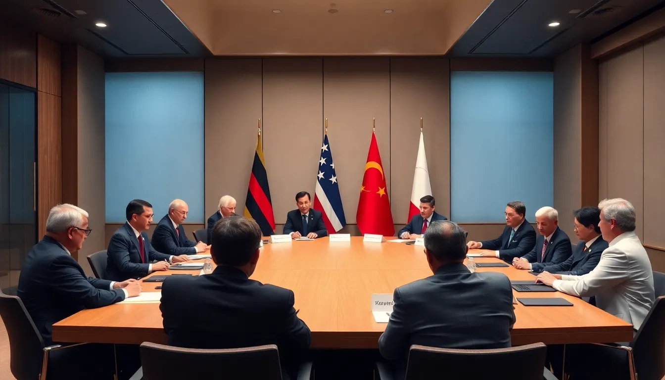 Leaders from G7 nations gather around a conference table in Tokyo, discussing strategies to address the global energy crisis and ensure stable energy supplies.