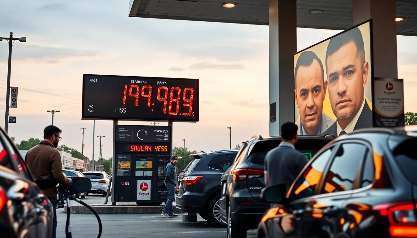 A gas station displays a digital sign showing sharply rising fuel prices as customers fill their tanks amid concerns over geopolitical tensions.