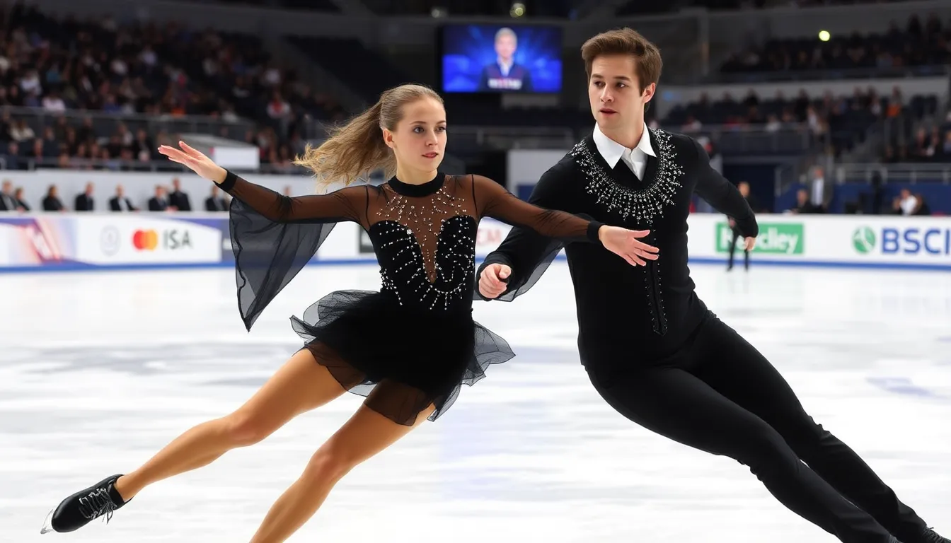 Lilah Fear and Lewis Gibson perform their routine on the ice at the 2023 ISU World Figure Skating Championships, with expressions of determination despite facing deductions that affected their final score.