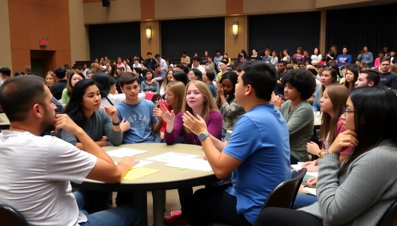 A group of diverse young adults engages in a heated discussion at a community forum addressing the generational wealth gap and its impact on future policies.