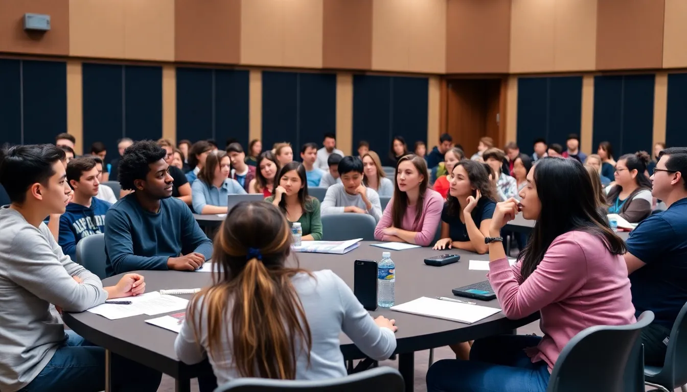 A bustling college campus filled with students, illustrating the rising tuition fees and competitive environment that today's youth encounter while pursuing education
