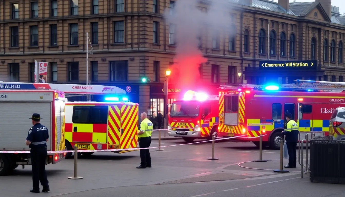 Emergency services respond to a fire at a shop near Glasgow Train Station, with fire engines and police present as the station remains closed to ensure public safety.