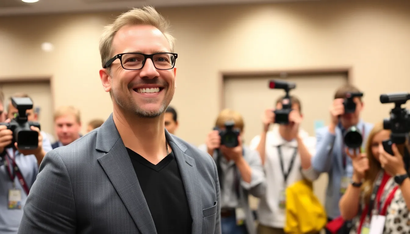 Glen Powell smiles as he attends a press event announcing his role as the voice of Fox McCloud in the upcoming Super Mario Galaxy Movie.