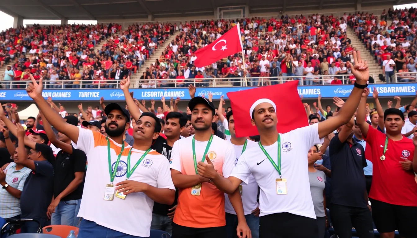 Enthusiastic fans cheer and wave flags in support of their favorite teams during the electrifying finals, highlighting the vibrant atmosphere of the event