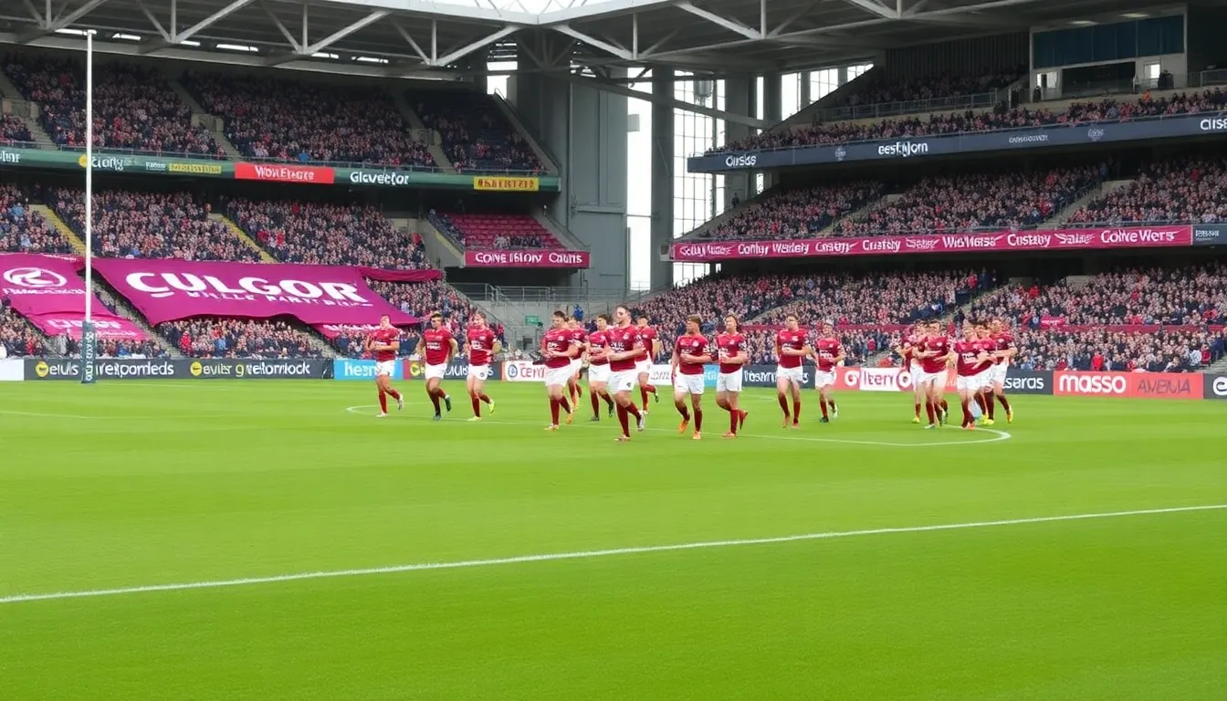 Gloucester Rugby players warm up on the pitch at Villa Park, surrounded by excited fans and vibrant banners in anticipation of their upcoming match.