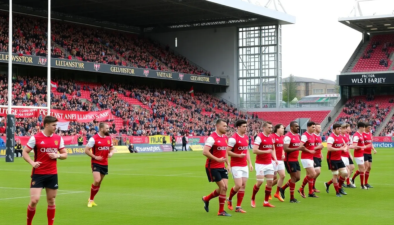 A panoramic view of Villa Park filled with spectators, highlighting the blend of rugby and football fans united in celebration of sports on this historic day