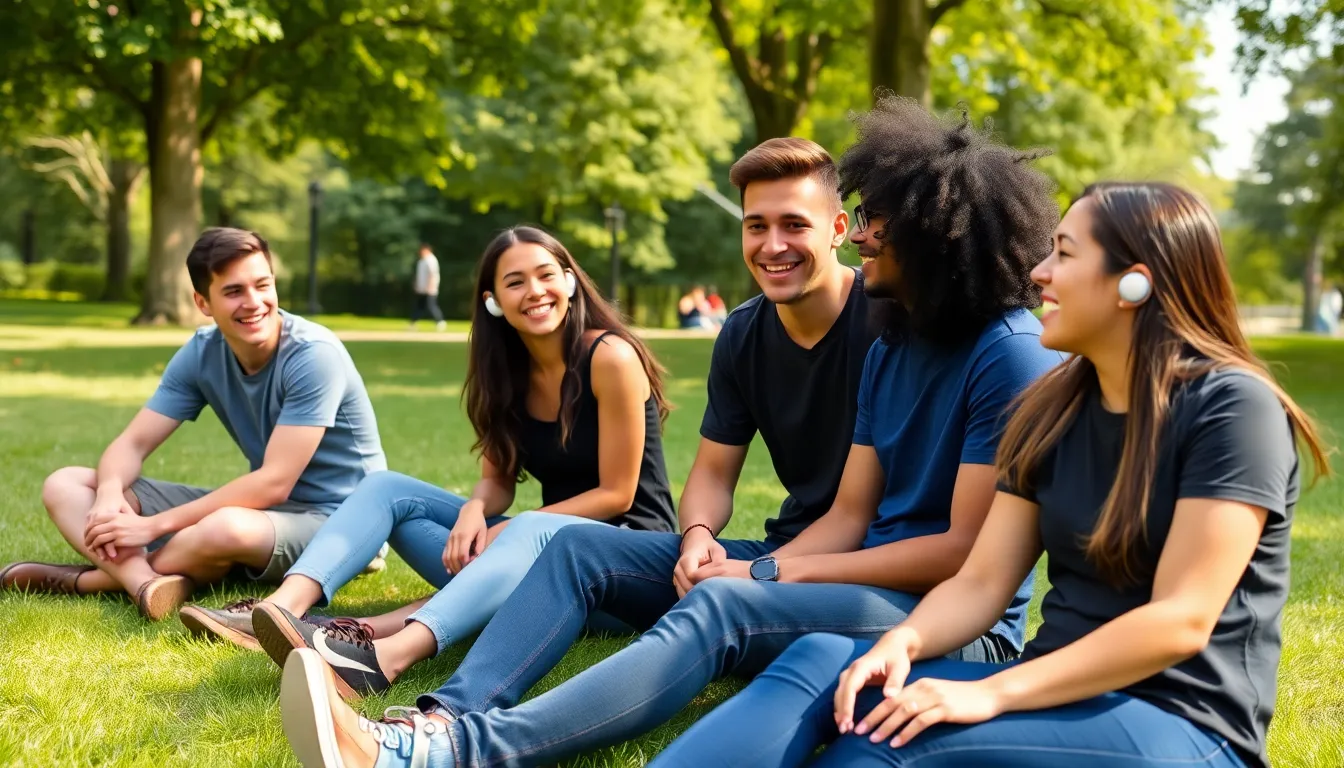 A group of young adults sits in a park, each wearing a pair of Google Pixel Buds 2a while enjoying music and engaging in conversation.