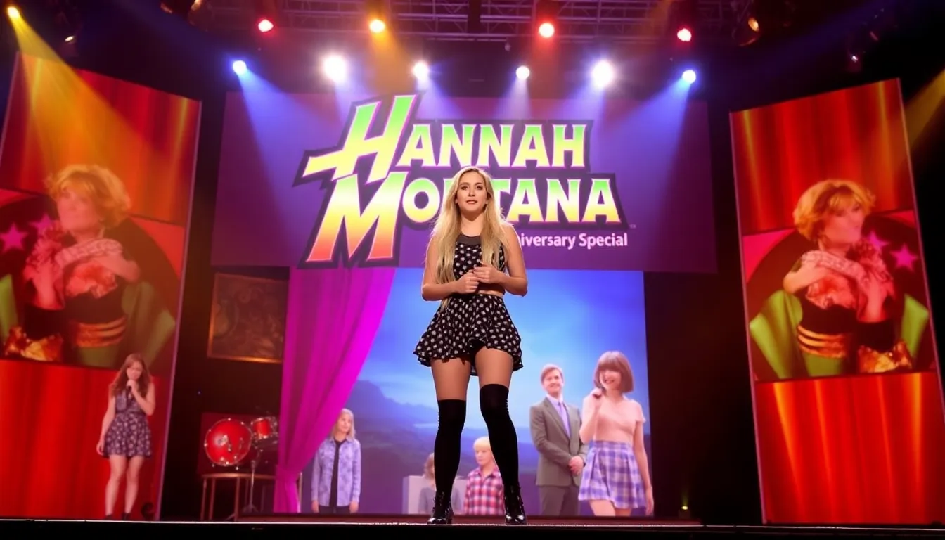 A montage of iconic moments from 'Hannah Montana,' showcasing the show's blend of adolescence and the challenges of fame as celebrated in the anniversary special