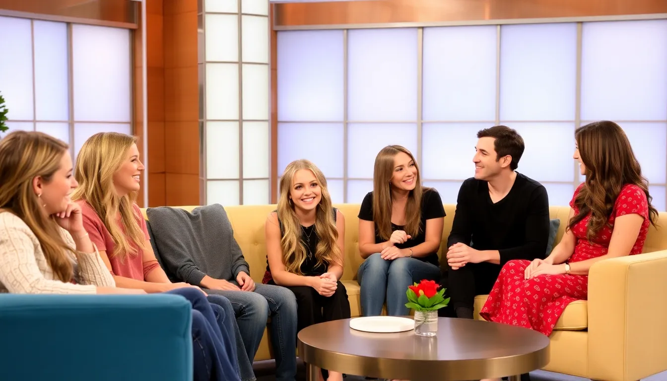 Miley Cyrus smiles while sitting on a couch during the Hannah Montana Anniversary Special, surrounded by cast members reminiscing about their experiences on the show.