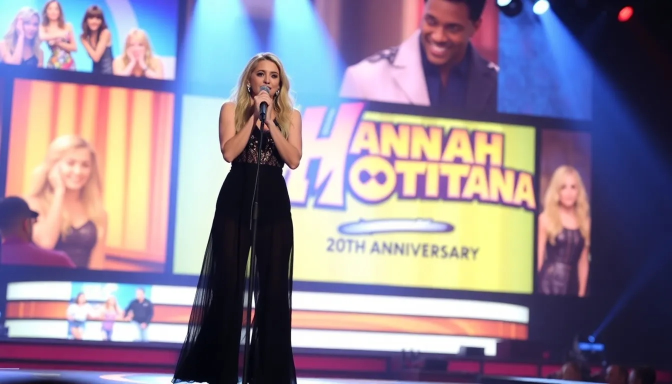 Miley Cyrus stands on stage during the 20thanniversary special of 'Hannah Montana,' reflecting on her journey from a Disney star to a diverse artist while surrounded by nostalgic visuals from the show.