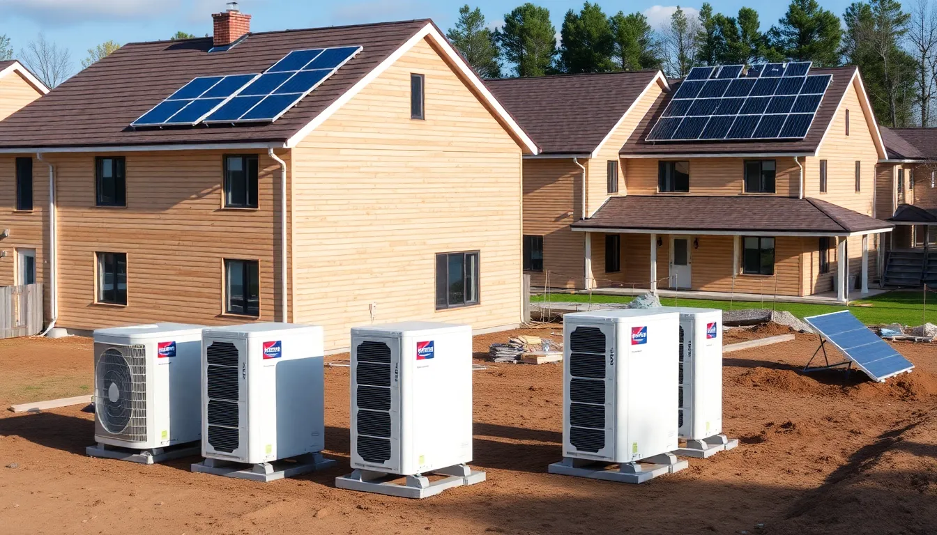 A construction site showcases new homes equipped with heat pumps and solar panels, highlighting the shift towards sustainable energy solutions.