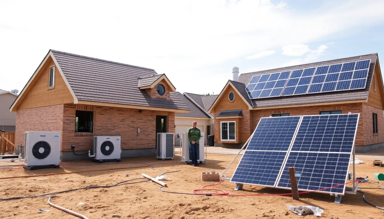 An installation team working on a roof, carefully placing solar panels to harness renewable energy for a new home