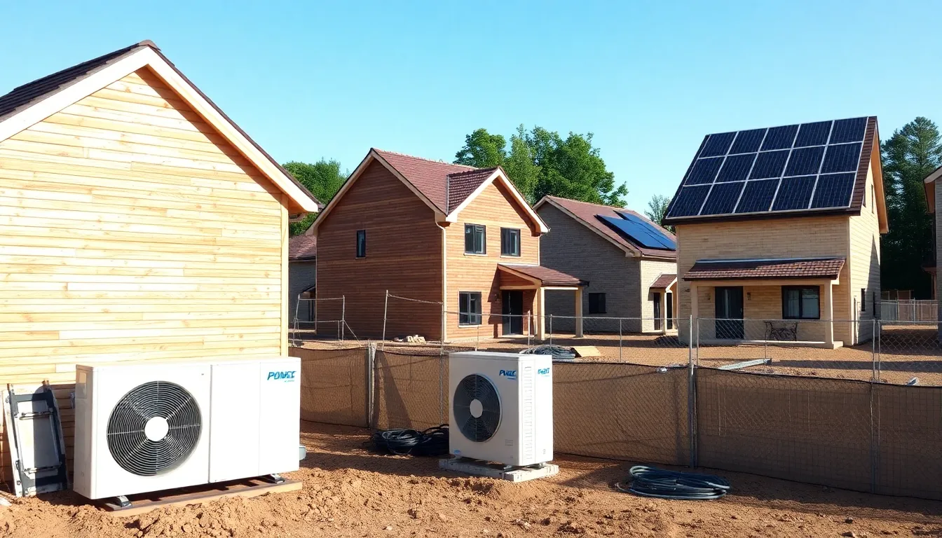 A diverse group of stakeholders, including government officials and environmental advocates, discussing plans for promoting green technology in residential construction