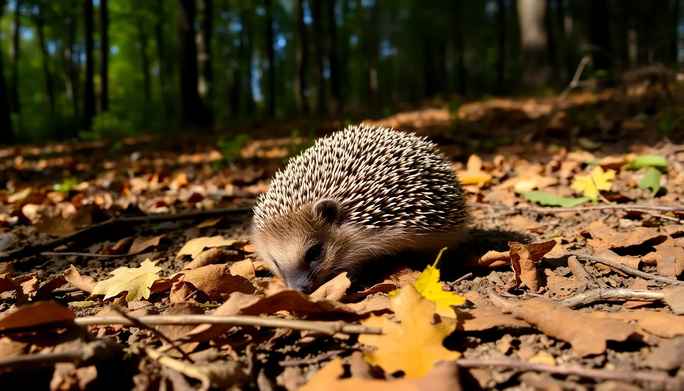 A hedgehog is seen in a natural setting, foraging on the ground while demonstrating its keen ability to detect highfrequency sounds.