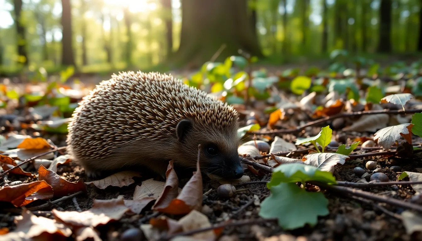 A closeup of a hedgehog in a field, showcasing its unique adaptations that allow it to hear frequencies beyond human perception