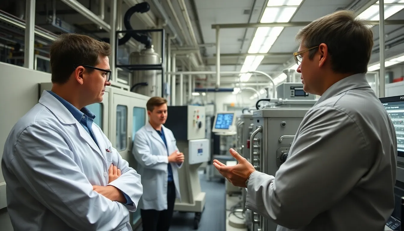 Workers in a semiconductor manufacturing facility monitor equipment as they face challenges due to the ongoing helium shortage impacting chip production.