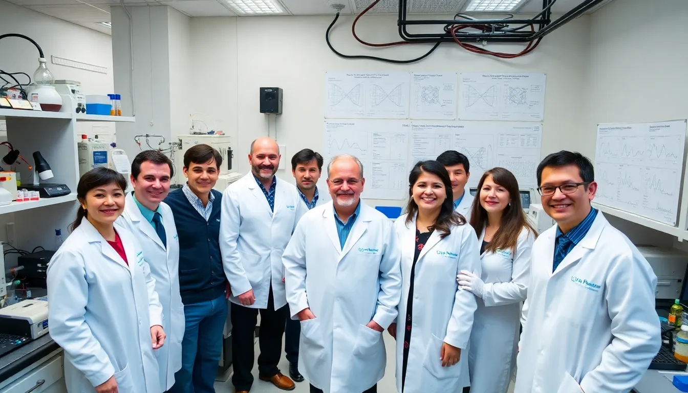 a group of scientists celebrating their recent achievement in a laboratory, with a backdrop of research equipment and charts detailing particle physics data.
