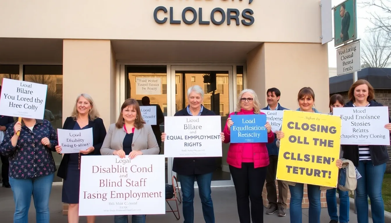 A group of advocates gathers outside the closed office of a company that specialized in hiring blind staff, holding signs that promote disability inclusion and equal employment rights.