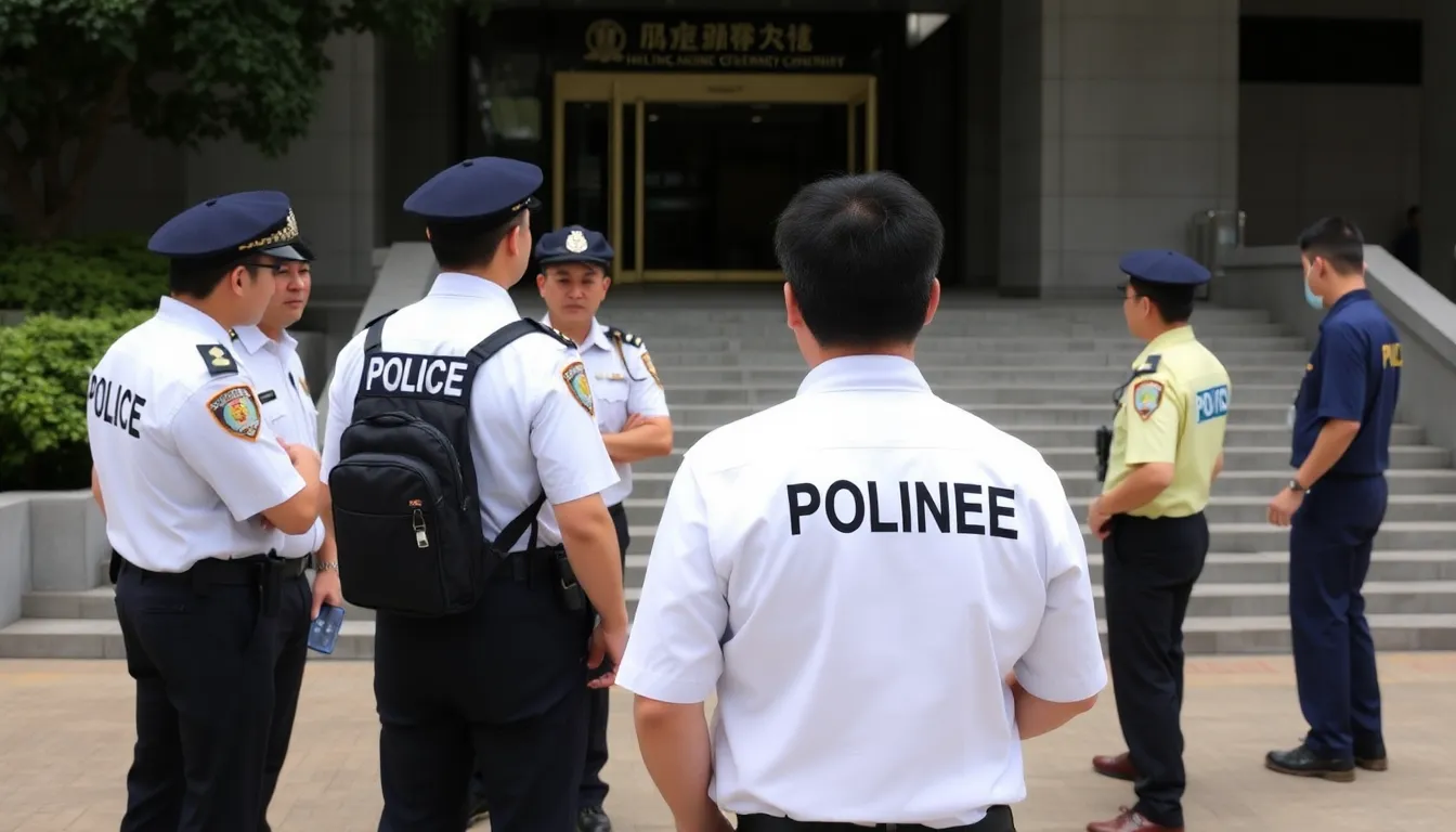Hong Kong police officers stand outside a government building, discussing new regulations that allow them to demand access to personal phone passwords during national security investigations.