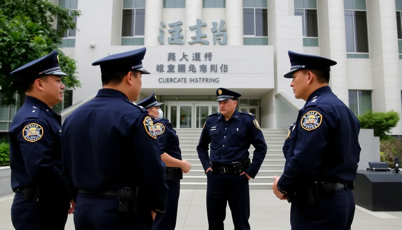 Hong Kong police officers stand outside a government building discussing the new national security rules that allow them to demand access to personal phone passwords during investigations.