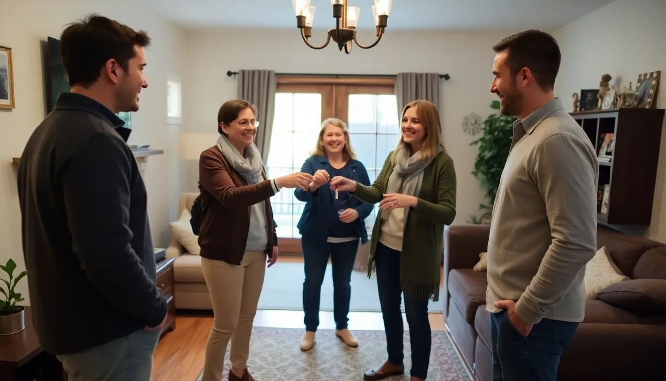 A family is seen exchanging keys at a cozy home, smiling as they prepare for their upcoming travel adventure through a home exchange program.