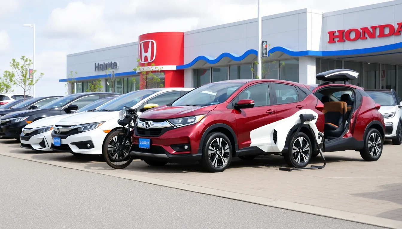 A Honda dealership displays a lineup of traditional gasolinepowered vehicles, contrasting with the growing presence of electric models from competitors in the background.