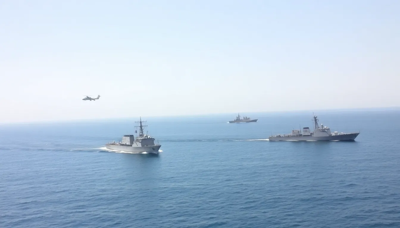 U.S. Navy vessels patrolling the waters near the Strait of Hormuz, emphasizing the heightened military tension and efforts to ensure maritime security