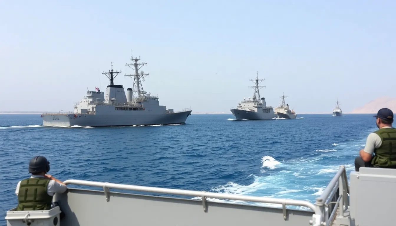 Naval ships from the U.S. and allied nations patrol the waters of the Strait of Hormuz amid rising tensions and concerns over potential disruptions to global trade.