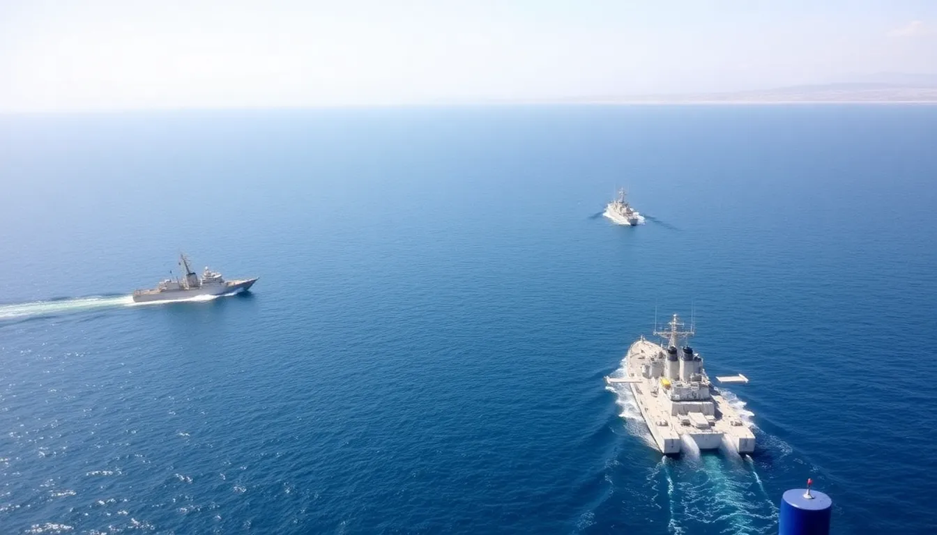 A naval fleet patrols the Strait of Hormuz, ensuring the safety of ships navigating this vital waterway amid rising geopolitical tensions