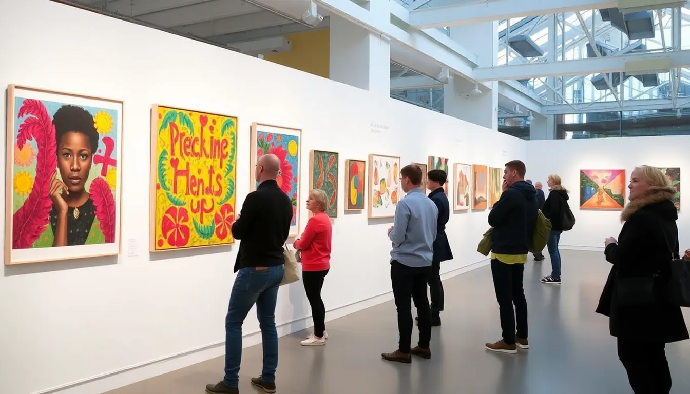 Visitors explore the vibrant and evocative artworks of Hurvin Anderson at the New Art Gallery in Walsall, engaging with themes of memory and identity.