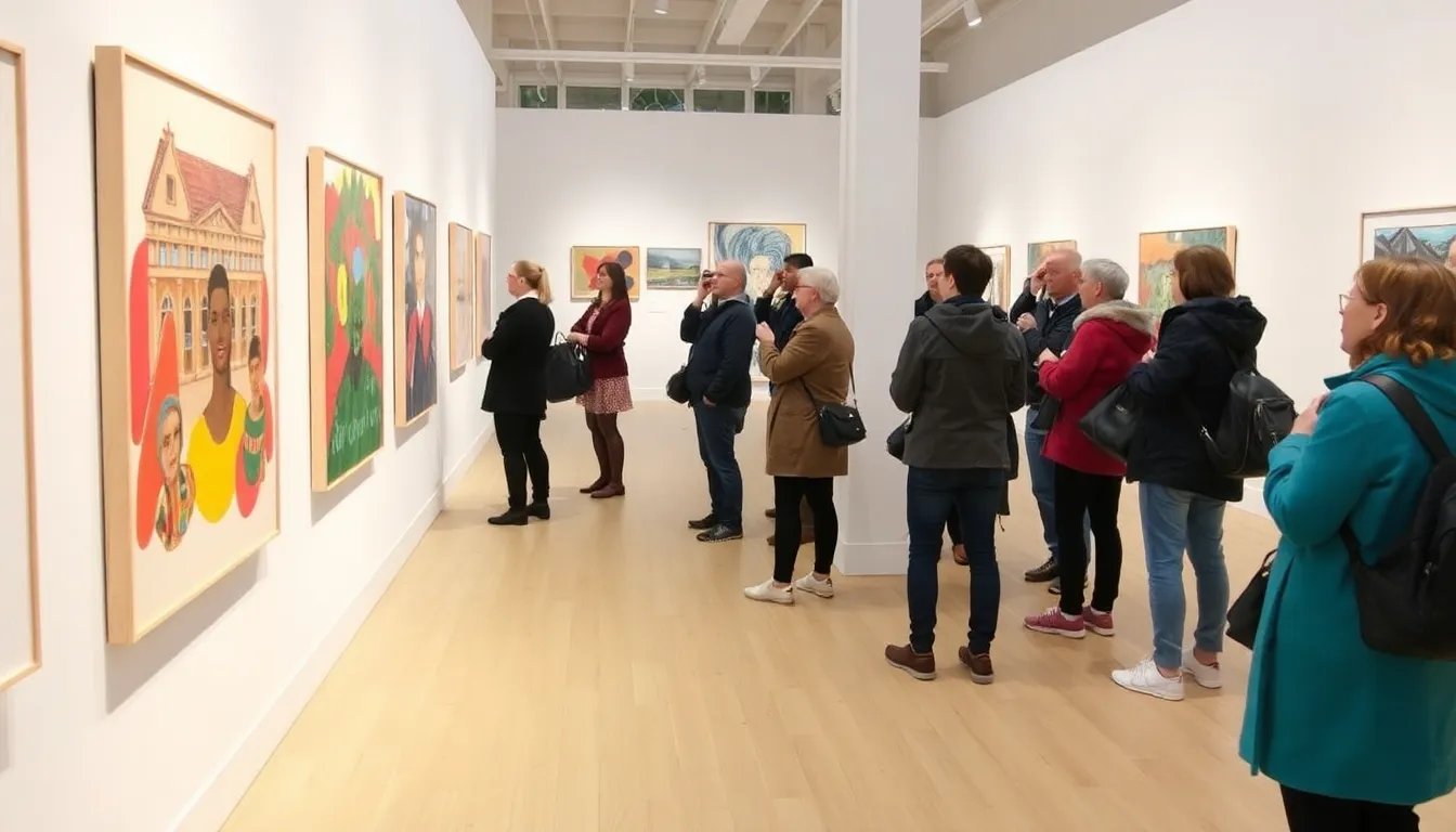A diverse group of art enthusiasts admiring the exhibition, illustrating the communal engagement and the impact of Anderson's exploration of cultural narratives