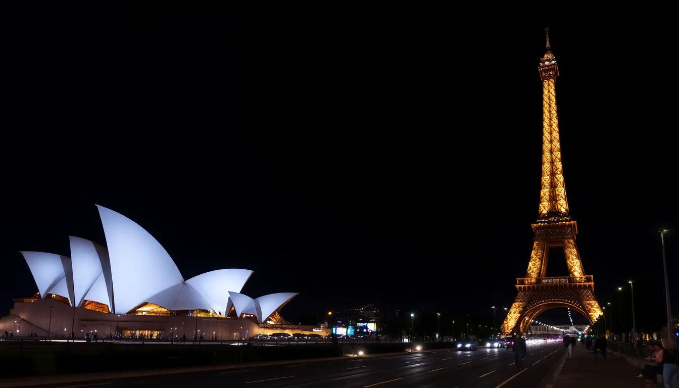 A panoramic view of major cities worldwide, featuring landmarks in silhouette, highlights the collective action taken to address climate change during Earth Hour