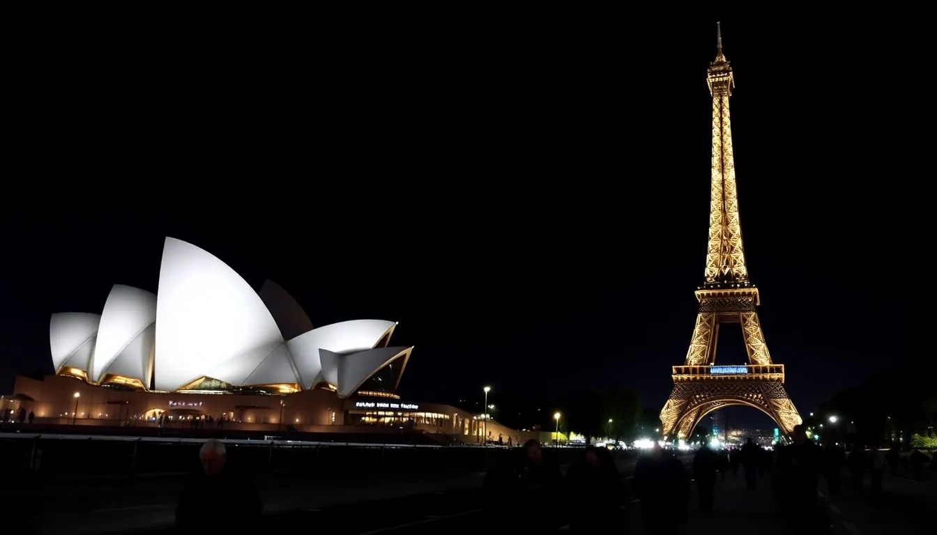Iconic landmarks around the world, including the Sydney Opera House and the Eiffel Tower, are illuminated only by the stars as they participate in Earth Hour, showcasing a united effort to raise awareness about climate change.