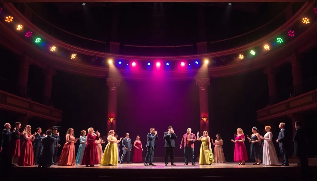 The stage at the Royal Opera House is filled with vibrant lighting and a dynamic set as the cast of Imeneo performs a lively scene, showcasing the blend of humor and emotional depth in Handel's opera.