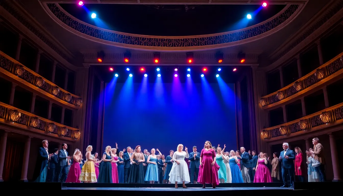 The innovative set design of 'Imeneo' illuminated by vibrant lighting, creating a visually stunning atmosphere that enhances the storytelling experience