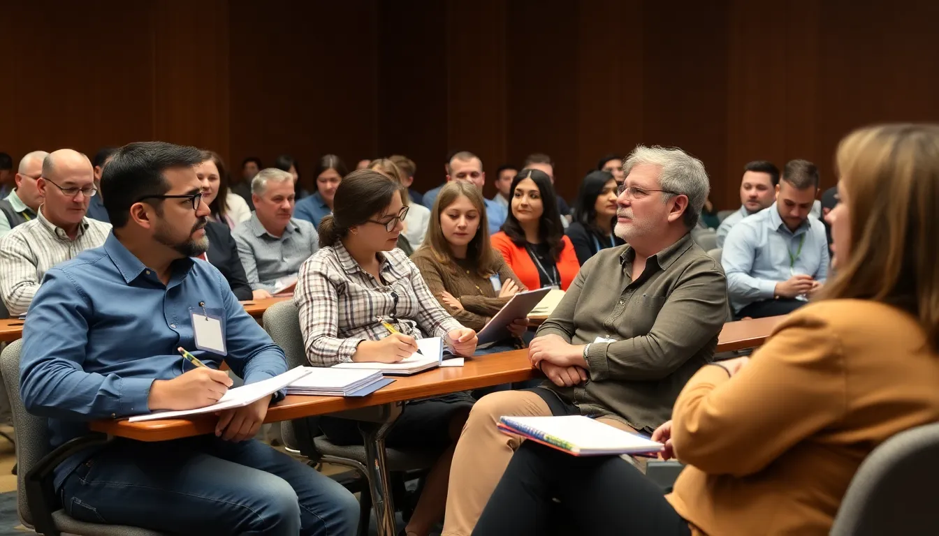 A group of people gathers in a public forum, engaging in a discussion about recent regulations on data privacy and the importance of information access.