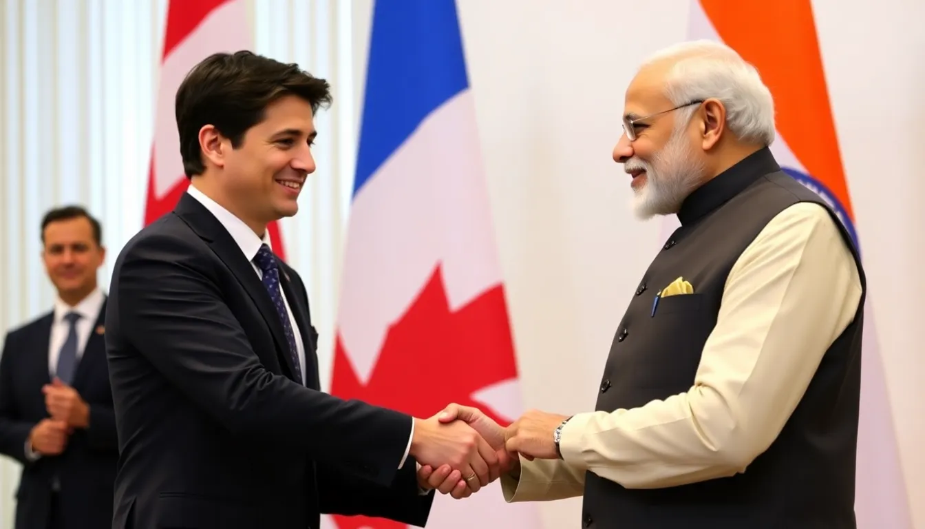Canadian Prime Minister Justin Trudeau and Indian Prime Minister Narendra Modi shake hands during a press conference announcing a landmark nuclear energy agreement aimed at enhancing cooperation between the two nations.