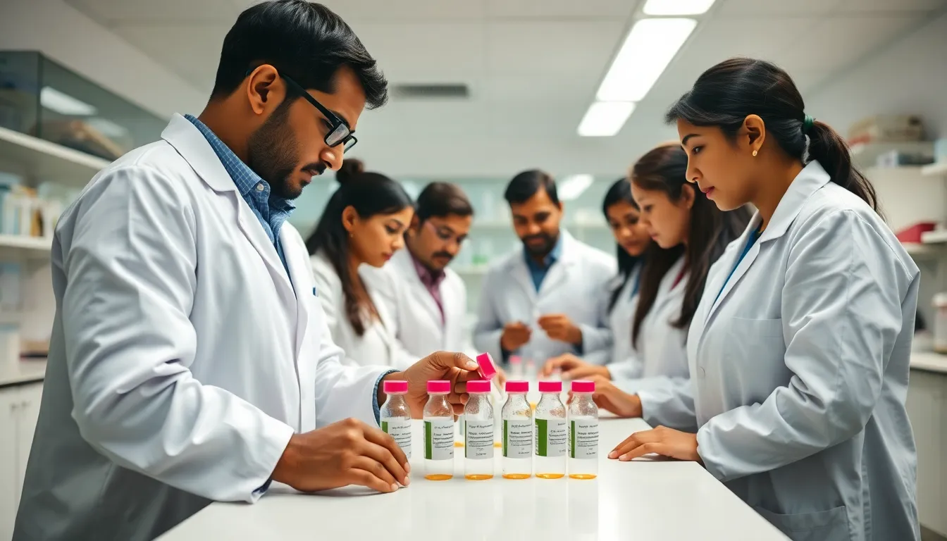 A group of researchers in a laboratory examines vials of newly developed weightloss medications, highlighting India's efforts to combat the global obesity crisis with affordable healthcare solutions.