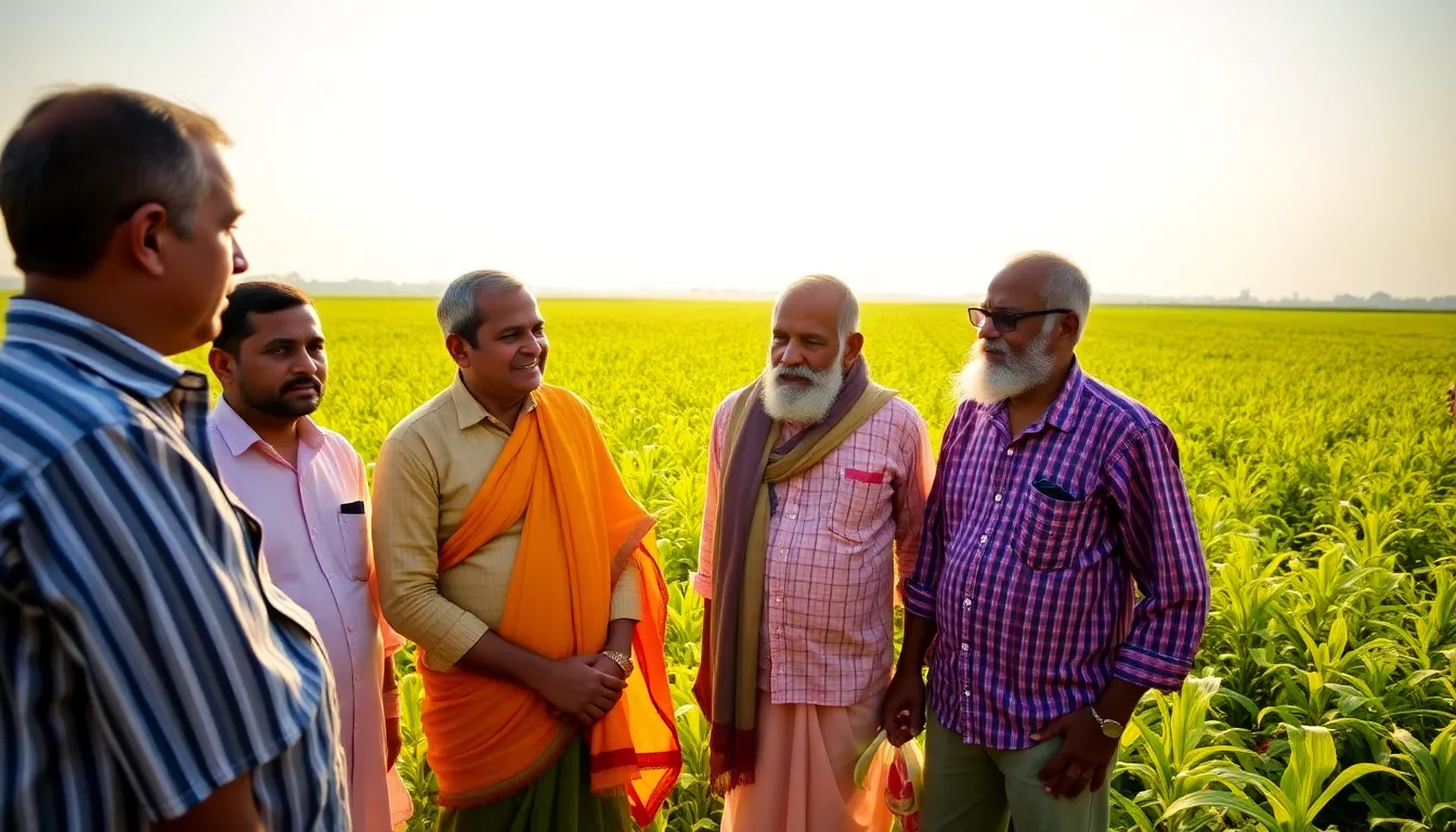 A bustling marketplace in Haryana where vendors discuss the impact of fertiliser shortages on food prices and agricultural production