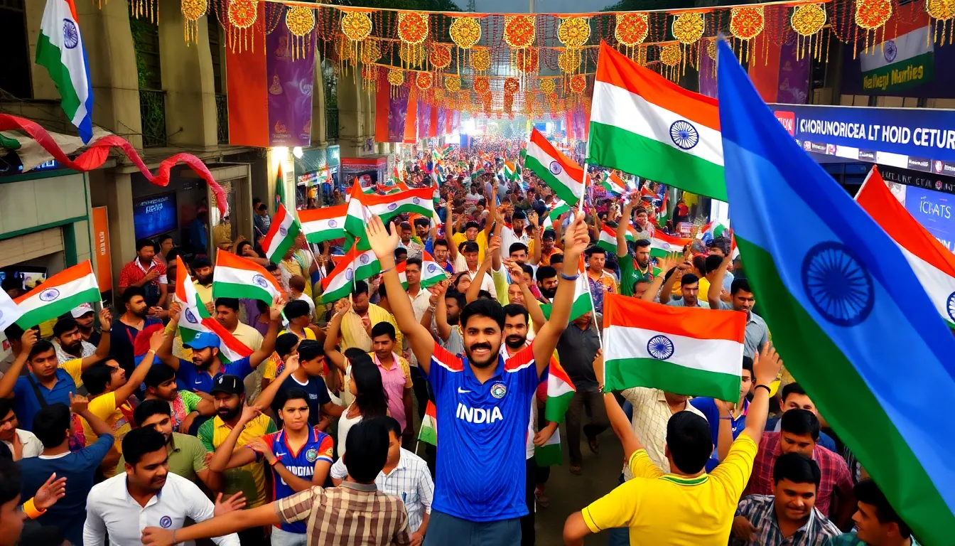Crowds of jubilant fans wave flags and dance in the streets of Mumbai, celebrating India's victory in the T20 Cricket World Cup.