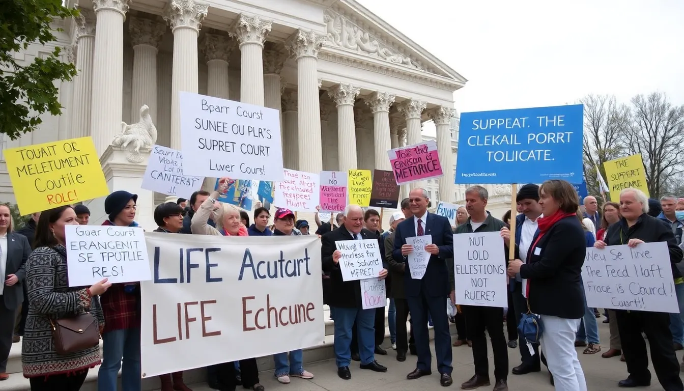 Supporters and opponents of the Supreme Court's ruling gather outside the courthouse, expressing their views on the ethical implications of life support removal.