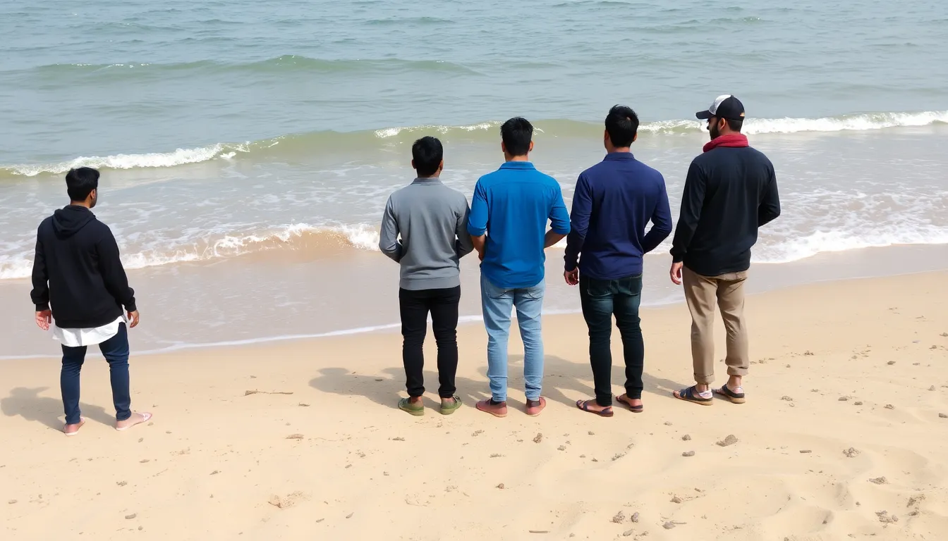 A group of friends stands on a sandy beach, looking out at the water where Indian singer Sidhu Moosewala tragically drowned, as waves crash gently on the shore.