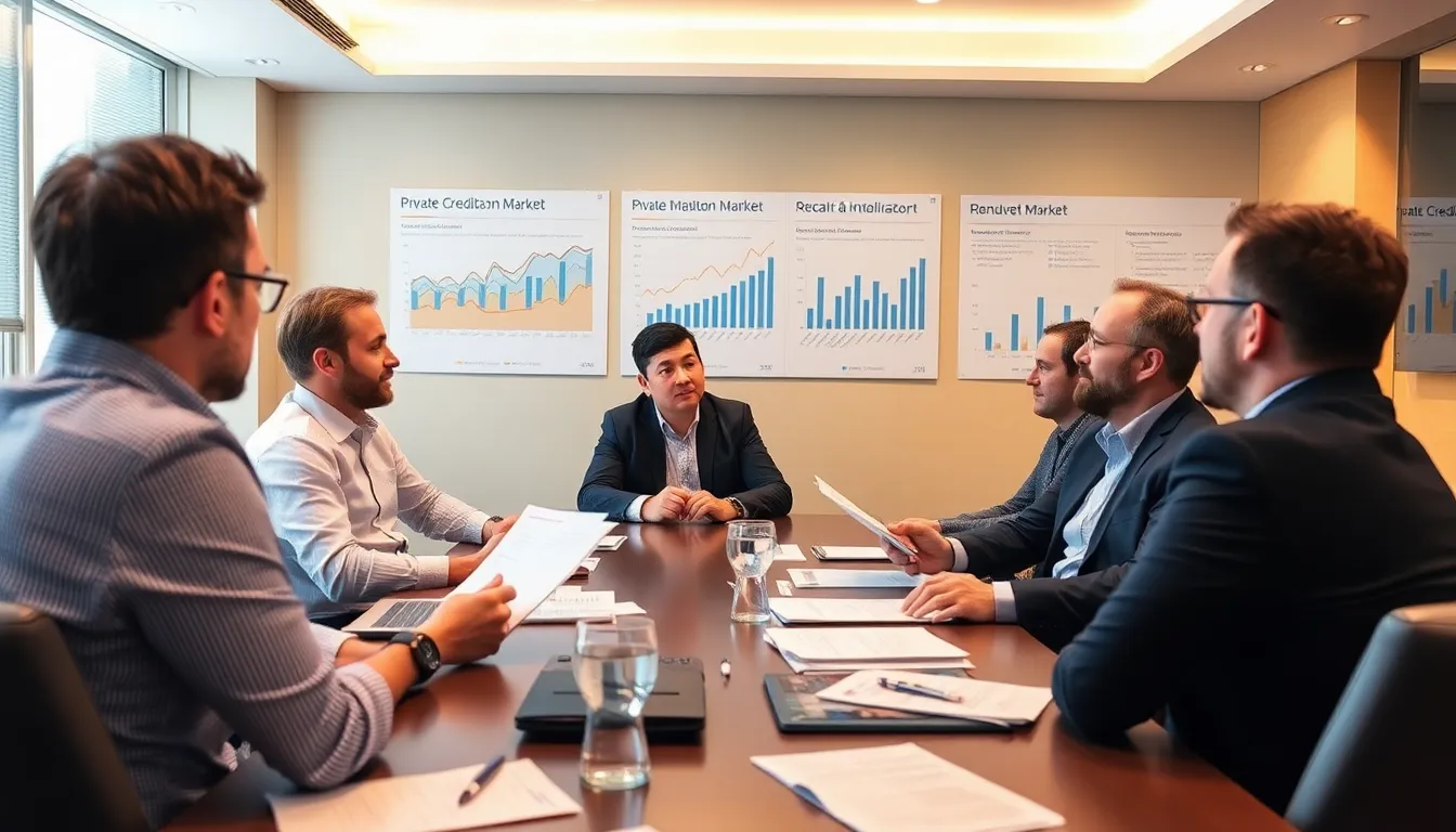 A group of investors discusses strategies in a conference room, surrounded by charts and reports reflecting the recent changes in the private credit market.