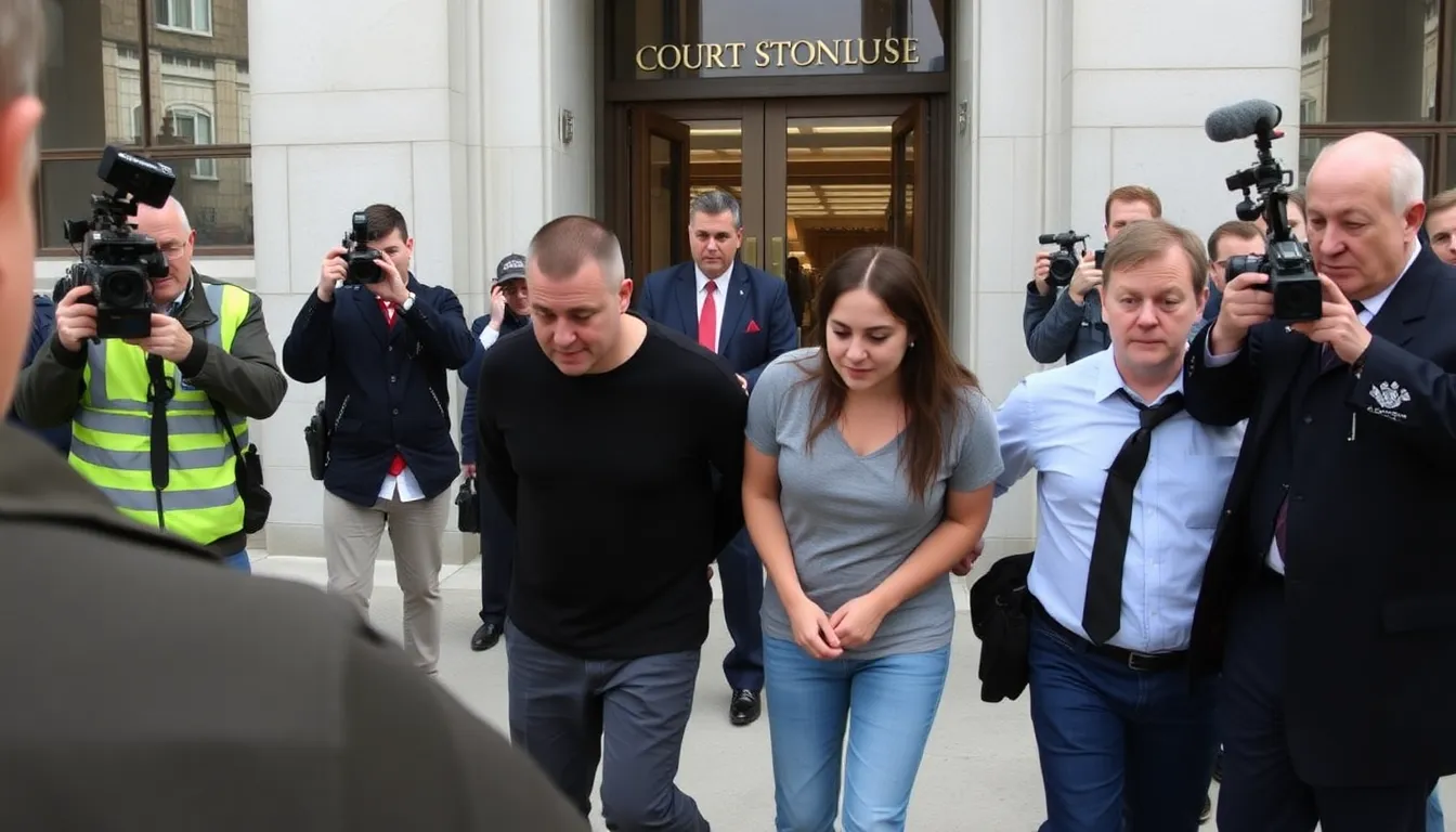 Two individuals are being led away in handcuffs by law enforcement outside a courthouse, surrounded by reporters and onlookers.
