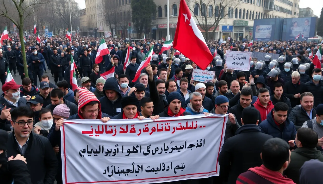 Protesters gather in a Tehran street, holding banners and chanting slogans against the government amid rising tensions over economic hardships and social restrictions.